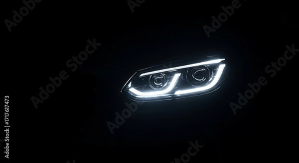 Fototapeta Modern car headlight with distinctive led daytime running lights in the dark
