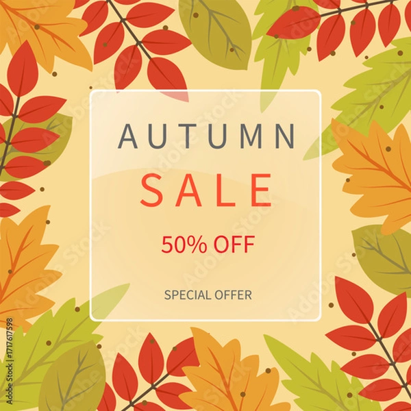 Fototapeta Autumn sale. An advertising banner with autumn leaves. Square transparent frame with a 50% discount. Vector illustration