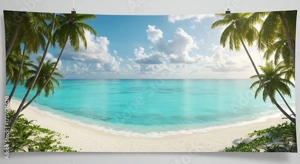 Fototapeta Tropical paradise beach with white sand, turquoise water, and palm trees under a sunny sky