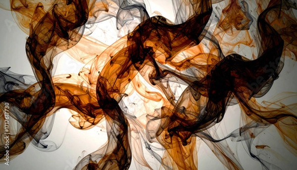 Fototapeta Translucent Smoke Ribbons – Amber and Charcoal Abstract on White