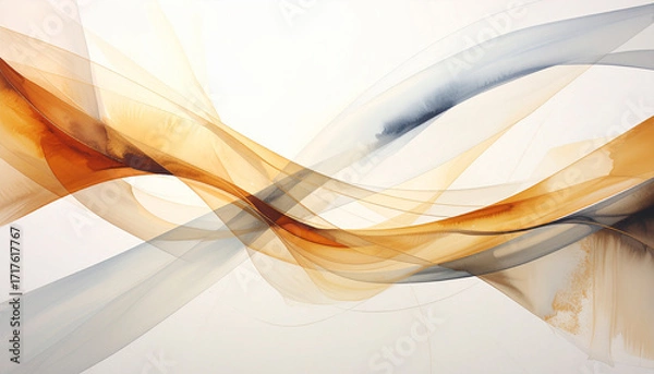 Fototapeta Translucent Silk Ribbons – Minimal Amber and Gray Waves on White