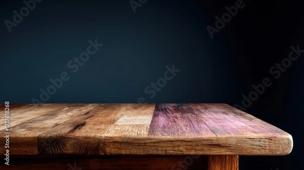 Fototapeta Wooden Table Against a Dark Wall in a Dimly Lit Room