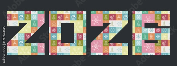 Fototapeta Vector numbers 2026  of pastel square tiles with holiday symbols on a dark background for New Year's graphics, cards, banners, invitations, social media and posters