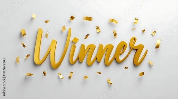 Fototapeta golden "Winner" text with flying confetti on a white background