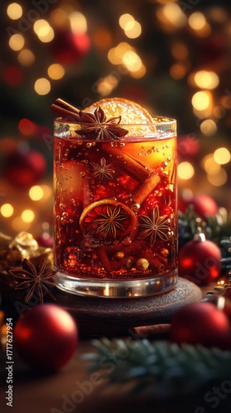 Obraz Tall glass of spiced mulled wine filled with orange, berries and star anise; cinnamon sticks lean on the rim, amber drink glows against defocused lights and evergreen decor, evoking cozy winter evenin