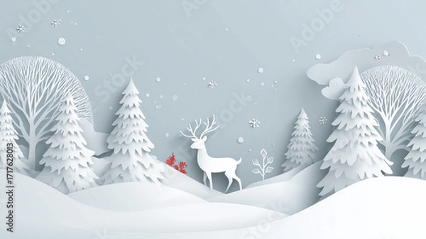 Fototapeta Winter christmas banner background composition in paper cut style.Celebration quotation for card.Vector illustration.