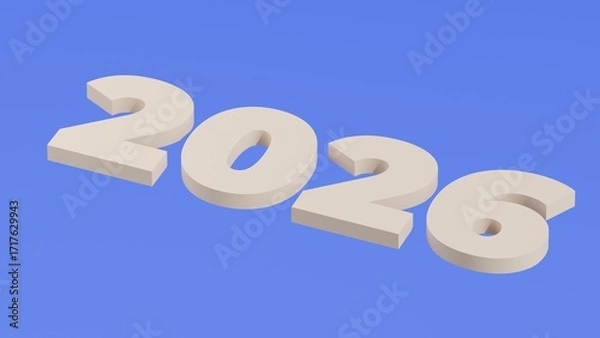 Fototapeta Minimal 3D rendering of beige numbers forming 2026 on a clean blue background. Modern typography design concept for new year, calendar, or futuristic theme.