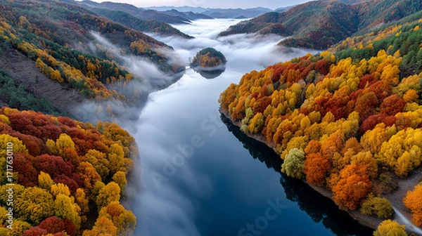 Fototapeta A breathtaking river winds through a valley of vibrant autumn forests, surrounded by hills blanketed in fiery shades of red, orange, and gold. Mist drifts softly across the water and clings to the slo