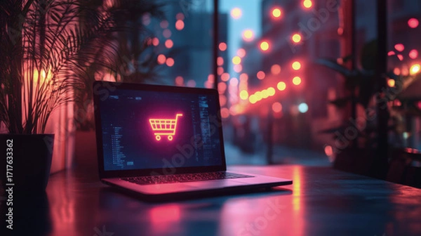 Obraz Laptop on table shows glowing neon shopping cart icon, futuristic cyber monday deals atmosphere, colorful reflections and city lights create digital shopping concept