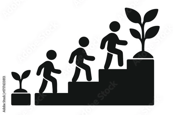 Fototapeta Personal growth and career development concept. Man climbing stairs to success. Metaphor for business progress, improvement, and ambition. Step-by-step evolution to achieve goals.