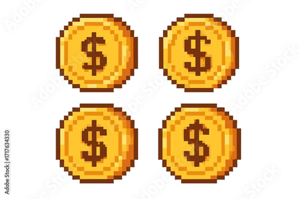 Fototapeta Pixel art coin set. Golden dollar money icon collection for game design. 8-bit retro video game currency symbol. Finance, cash, and wealth concept vector illustration.