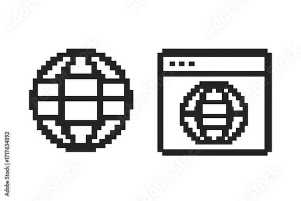 Fototapeta Pixel art internet icon set. 8 bit retro style globe and browser window symbol. Vector illustration of a world wide web, global network and connection concept. Digital sign.