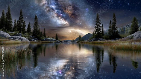 Fototapeta A serene river reflects the brilliance of the Milky Way, stretching across a star-filled night sky. Tall pine trees and rocky riverbanks frame the scene, while the horizon glows softly with golden lig