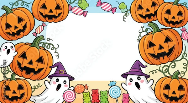 Fototapeta Cartoon halloween frame with pumpkins ghosts and candy in a playful and colOURful design style