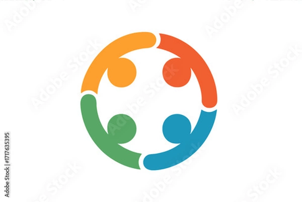 Obraz Logo with four people in a circle. Metaphor for diversity, community, teamwork, unity. Social group connection icon. Abstract flat vector illustration for business or network.