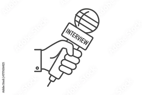 Obraz Hand holding microphone line icon. Interview and journalism concept. Reporter with mic for news broadcast, press conference, or podcast. Media communication vector illustration.