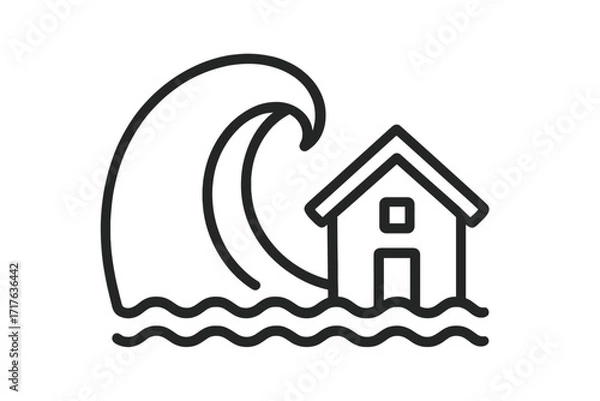 Fototapeta Linear style tsunami wave icon with house flood damage risk, natural disaster vector illustration, storm surge and water flood safety concept, transparent background