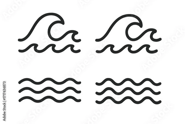 Fototapeta Set of simple black wave icons, line symbols for water, ocean, sea, and nature. Vector illustration of wave shapes, flowing water, marine and liquid element designs with transparent background.