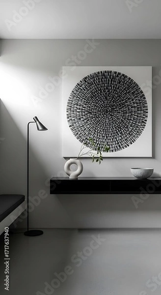 Fototapeta Minimalist interior design scene featuring a modern art piece, a floating console, and modern lighting, evoking a serene and sophisticated atmosphere.