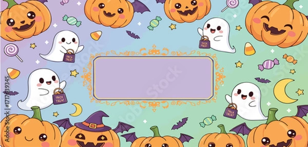 Fototapeta A halloween themed background with pumpkins ghosts bats candy and a central text box area