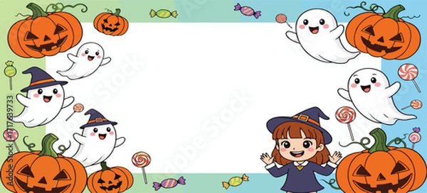 Fototapeta Halloween frame with pumpkins ghosts witch and candies for festive decorations and invitations