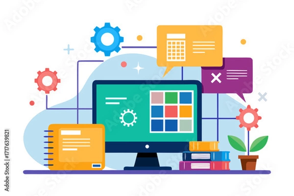 Fototapeta Creative 3D illustration showing software development, programming code windows, debugging tools, and colorful tech icons. Perfect for concepts related to coding, web development, app design, artifici