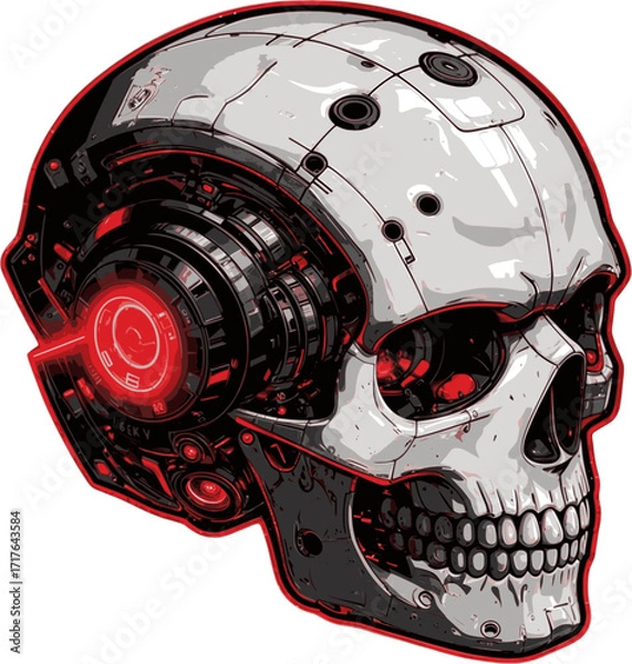 Fototapeta Futuristic Robotic Skull in Isometric Comic Book Style with Bold Monochrome Shading and Vivid Red Glow - isolated on a black background