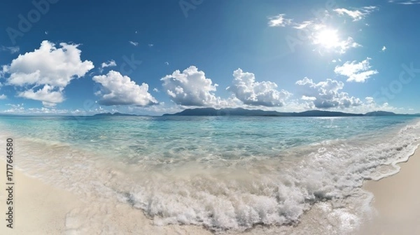 Fototapeta Panoramic beach view with turquoise ocean waves high resolution picture