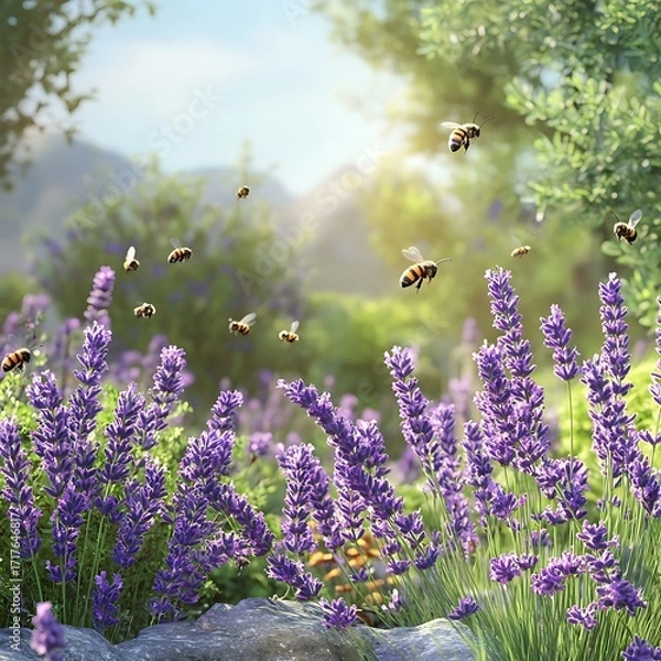 Fototapeta Peaceful garden view with bees in flight high resolution picture