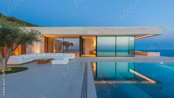 Fototapeta Luxury Villa at Dusk with Infinity Pool and Ocean View: Modern Architecture, Outdoor Living, and Serene Ambiance - Featuring Clean Lines, White Sofa, and Tranquil Blue Water Reflecting the Sky