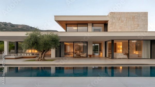 Fototapeta Luxury Modern Villa with Swimming Pool and Olive Tree at Dusk, Featuring Contemporary Architecture, Open Floor Plan, and Serene Outdoor Living Space, Reflecting a Sophisticated and Relaxing Lifestyle