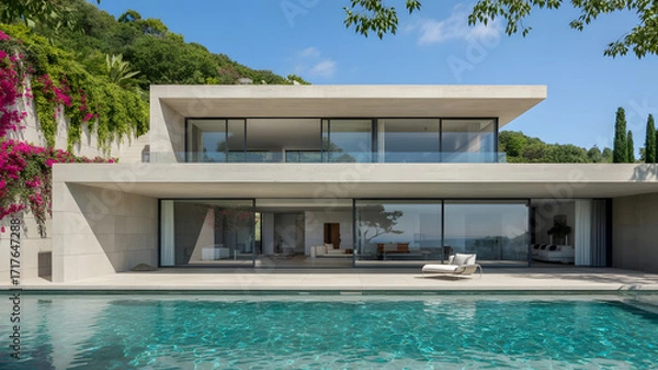 Fototapeta Modern Luxury Villa with Swimming Pool and Minimalist Design, Featuring Clean Lines, Large Windows, and Lush Greenery, Creating a Serene and Elegant Living Space with Turquoise Water Reflections