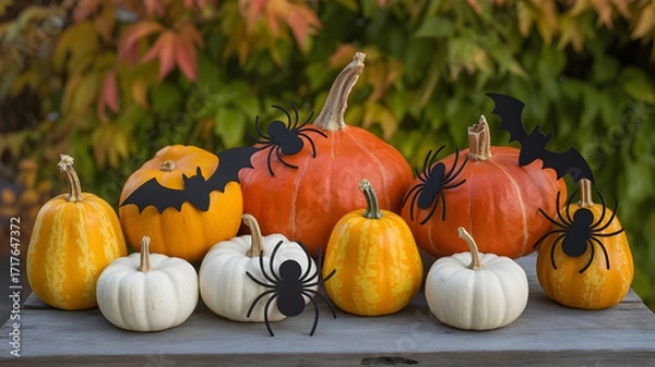 Fototapeta Festive Halloween Display with Pumpkins, Black Spiders, and Bats on a Wooden Surface Against a Colorful Autumn Foliage Backdrop, Creating a Spooky and Seasonal Atmosphere for Holiday Celebrations