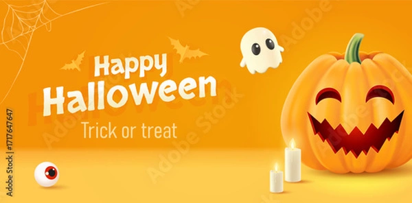 Fototapeta Halloween background with 3d ghost, Jack O Lantern pumpkin, bats and candle lights. Greeting card for party and sale.