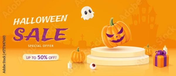 Fototapeta Halloween background with 3d podium, Jack O Lantern pumpkin, gift box and candle lights . Greeting card for party and sale. 