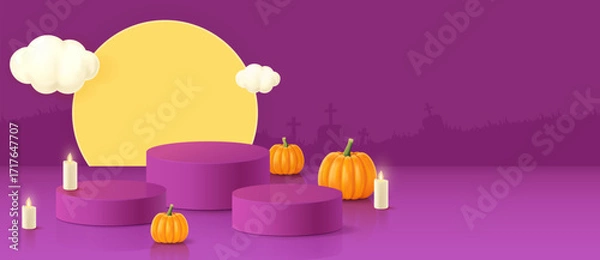 Obraz Halloween background with 3d podium, pumpkins and candle lights . Greeting card for party and sale. 
