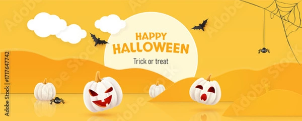 Fototapeta Halloween background with cute smiling Jack O Lantern pumpkins and bats. Greeting card for party and sale. 