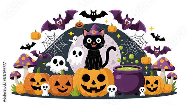 Fototapeta Festive Halloween Illustration with Black Cat, Pumpkins, Bats, Ghosts, and Witch's Cauldron against a Full Moon Backdrop, Perfect for Holiday Greetings, Party Invitations, and Spooky Season Designs
