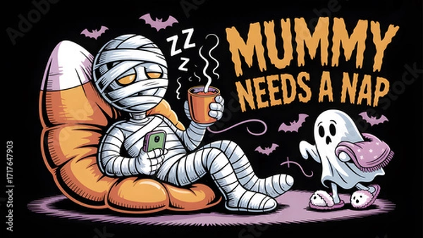 Fototapeta Humorous Halloween Illustration: Cartoon Mummy Relaxing with Coffee and Phone on Candy Corn Chair, Ghost in Slippers and Blanket, Text 'Mummy Needs a Nap', Bats on Black Background