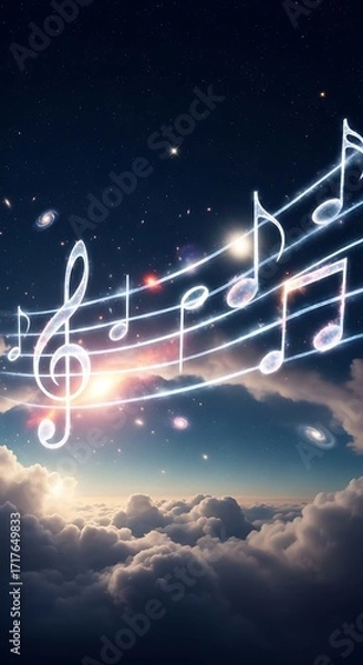 Obraz Ethereal music notes float above a celestial panorama of clouds, illuminated by a radiant sunrise.