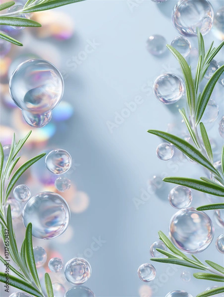 Fototapeta ローズマリーとぷくぷくした水滴のクローズアップ背景