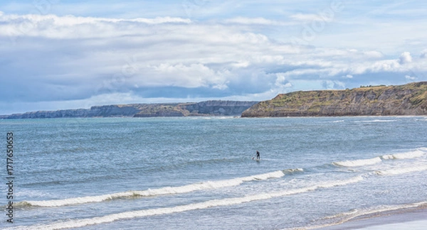 Fototapeta A seaside view of rocky cliffs and a paddle-boarder in the sea.