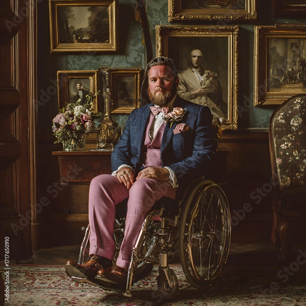 Fototapeta Distinguished groom in pink suit seated in ornate interior