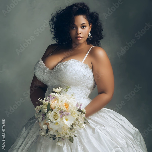 Fototapeta Confident plus size bride in white gown holding bouquet bridal portrait