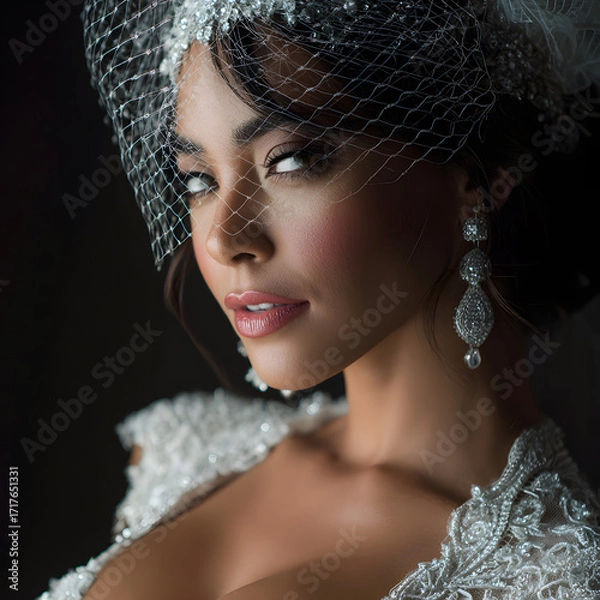 Fototapeta Beautiful bride in lace gown with birdcage veil and crystal earrings wedding portrait