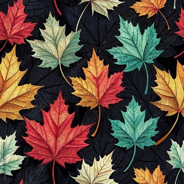 Fototapeta Group of 3Dcolorful maple leaves blackbackground.