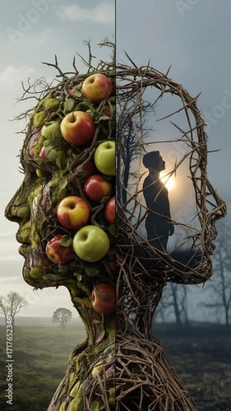 Fototapeta Symbolic representation of human mind, growth, and inner world with apples and branches forming a head profile