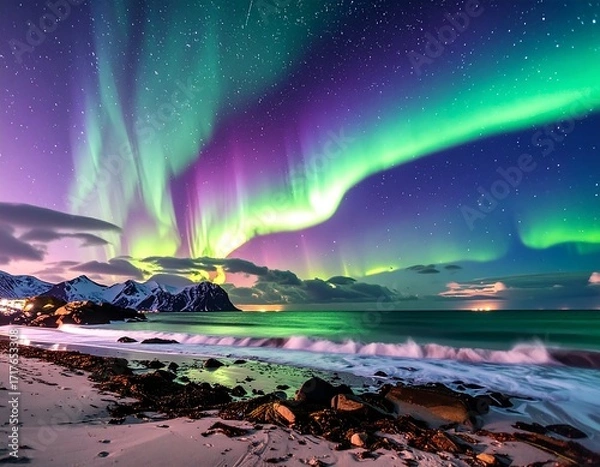 Obraz Stunning aurora borealis over a beach