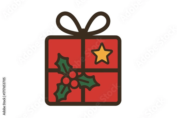 Fototapeta Christmas gift box icon. Vector illustration of a red present with ribbon, holly, and star. Flat cartoon symbol for winter holiday celebration, and Xmas design. Isolated element.
