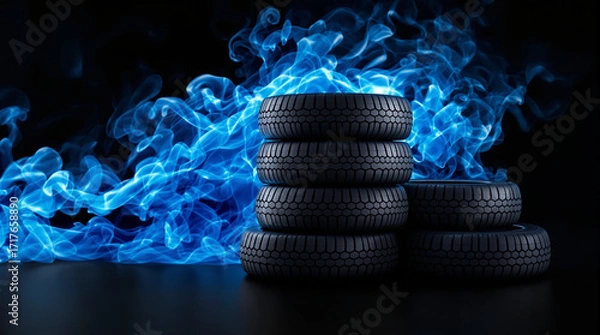 Fototapeta New tires pile with blue smoke on black background - 3d rendering of car tires. Auto service, Tyres stack change, Tyre shop concept .
